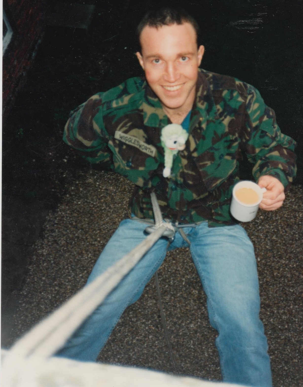 Steve on the rope with a cuppa